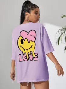 SHEIN EZwear 卡通和字母圖案落肩T恤 - 紫丁香色 - 查看 1