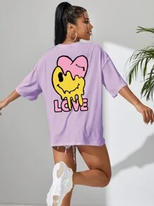 SHEIN EZwear 卡通和字母圖案落肩T恤 - 紫丁香色 - 查看 3