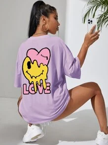 SHEIN EZwear 卡通和字母圖案落肩T恤 - 紫丁香色 - 查看 4