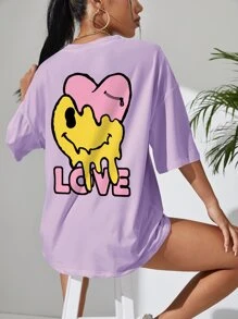 SHEIN EZwear 卡通和字母圖案落肩T恤 - 紫丁香色 - 查看 5