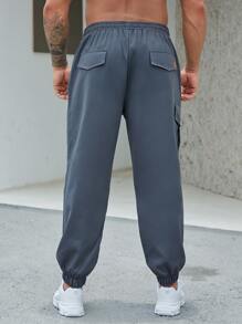 Manfinity Homme Men Patched Detail Flap Pocket Drawstring Waist Cargo Trousers - Dark Grey - View 2