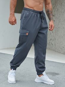 Manfinity Homme Men Patched Detail Flap Pocket Drawstring Waist Cargo Trousers - Dark Grey - View 3