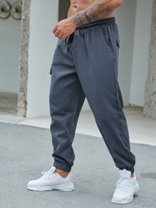 Manfinity Homme Men Patched Detail Flap Pocket Drawstring Waist Cargo Trousers - Dark Grey - View 6