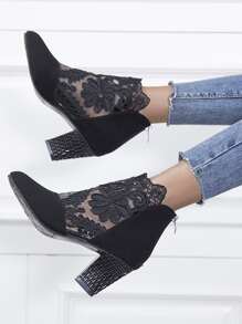 Women Black Floral Embroidery Chunky Heeled Zip Back Short Boots - Black - View 3