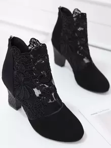 Women Black Floral Embroidery Chunky Heeled Zip Back Short Boots - Black - View 4
