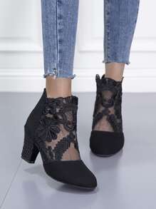 Women Black Floral Embroidery Chunky Heeled Zip Back Short Boots - Black - View 5