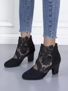 Women Black Floral Embroidery Chunky Heeled Zip Back Short Boots - Black - View 6