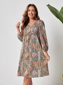 EMERY ROSE 佩斯利印花V領連衣裙 - 彩色 - 查看 1