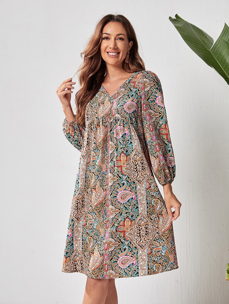 EMERY ROSE 佩斯利印花V領連衣裙 - 彩色 - 查看 1