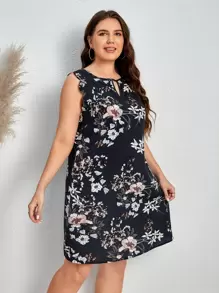 SHEIN VCAY 大碼印花貝殼邊連衣裙 - 藏蓝色 - 查看 3