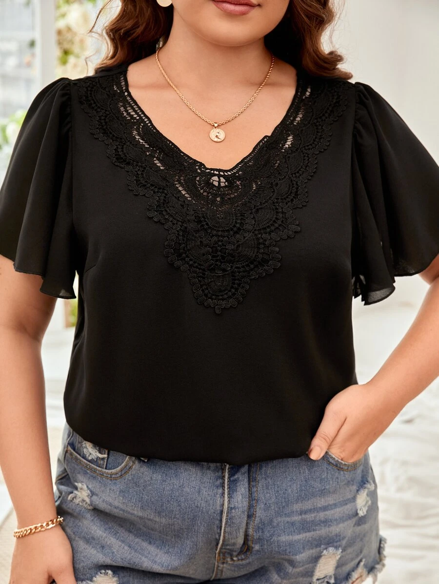 SHEIN Frenchy Áo sơ mi Plus Size Tương phản ren màu trơn Giải trí - màu đen - Xem 1