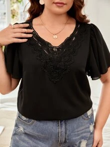 SHEIN Frenchy Áo sơ mi Plus Size Tương phản ren màu trơn Giải trí - màu đen - Xem 2