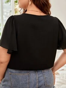 SHEIN Frenchy Áo sơ mi Plus Size Tương phản ren màu trơn Giải trí - màu đen - Xem 3