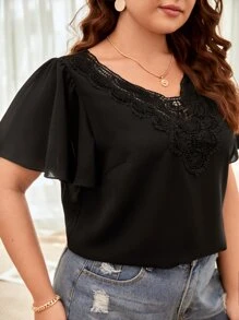 SHEIN Frenchy Áo sơ mi Plus Size Tương phản ren màu trơn Giải trí - màu đen - Xem 5