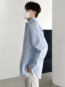 DAZY Men Cotton Solid Patched Pocket Shirt Long Sleeve Men Shirt Fall,Winter - Baby Blue - View 2