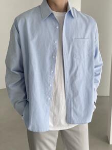DAZY Men Cotton Solid Patched Pocket Shirt Long Sleeve Men Shirt Fall,Winter - Baby Blue - View 3