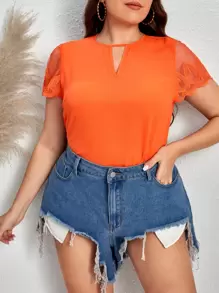 SHEIN Clasi Plus Contrast Mesh Scallop Trim Keyhole Neck Blouse - Orange - View 1