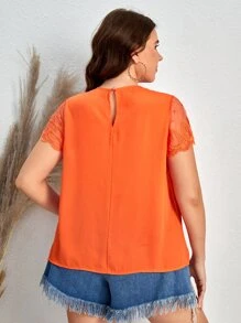 SHEIN Clasi Plus Contrast Mesh Scallop Trim Keyhole Neck Blouse - Orange - View 2