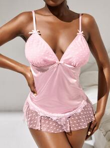 Polka Dot Mesh Bow Decor Lingerie Set - Baby Pink - View 1