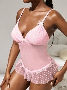 Polka Dot Mesh Bow Decor Lingerie Set - Baby Pink - View 3