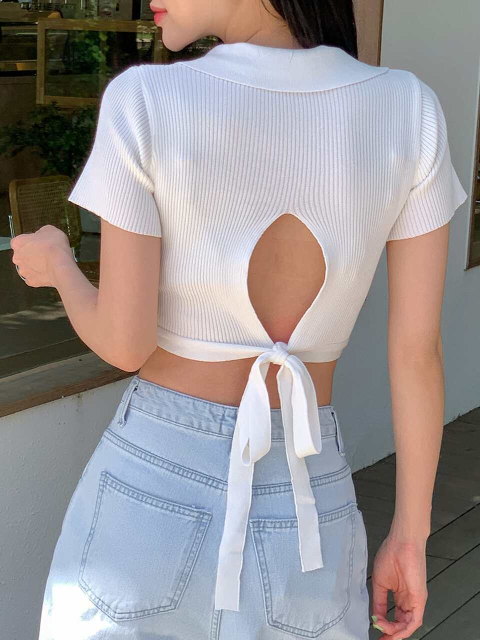 Cut Out Tie Back Crop Knit Top