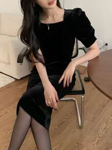 DAZY Puff Sleeve Velvet Dress Prom Dress - Black - View 10