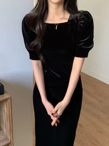 DAZY Puff Sleeve Velvet Dress Prom Dress - Black - View 5