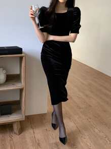 DAZY Puff Sleeve Velvet Dress Prom Dress - Black - View 8