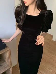 DAZY Puff Sleeve Velvet Dress Prom Dress - Black - View 9