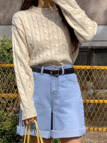 DAZY Mock Neck Cable Knit Jumper - Apricot - View 1