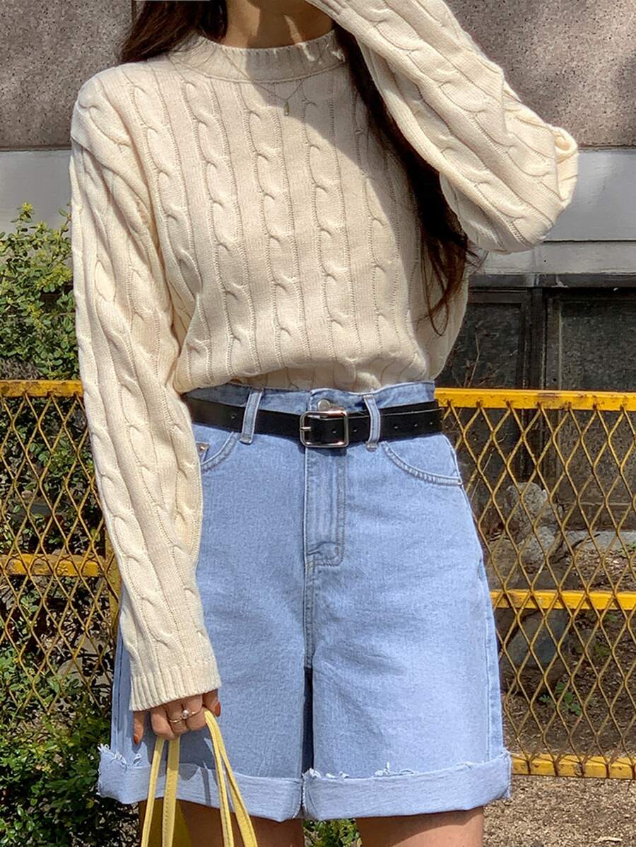 DAZY Mock Neck Cable Knit Jumper - Apricot - View 1