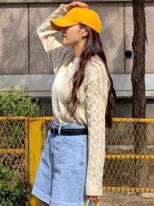 DAZY Mock Neck Cable Knit Jumper - Apricot - View 4