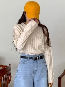 DAZY Mock Neck Cable Knit Jumper - Apricot - View 6