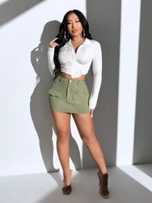 SHEIN EZwear 素色翻蓋口袋工裝裙