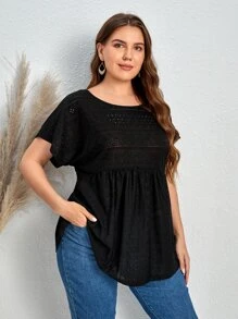 EMERY ROSE Plus Eyelet Embroidery Batwing Sleeve Peplum Tee - Black - View 1