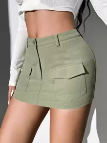 SHEIN EZwear 素色翻蓋口袋工裝裙