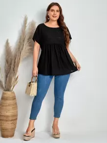 EMERY ROSE Plus Eyelet Embroidery Batwing Sleeve Peplum Tee - Black - View 5