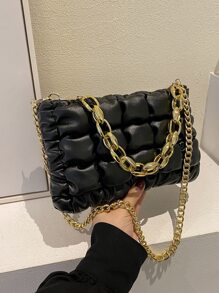 Túi đeo chéo Nữ Xù Kẻ sọc Chuỗi Tay cầm Top Đúng mốt - màu đen - Xem 6