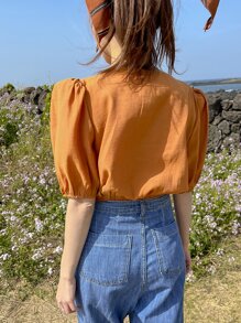 DAZY Puff Sleeve Solid Blouse - Orange - View 2