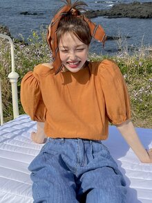 DAZY Puff Sleeve Solid Blouse - Orange - View 8