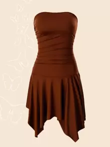 SHEIN ICON Solid Asymmetrical Hem Tube Dress - Coffee Brown - View 1