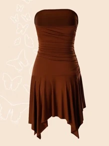 SHEIN ICON Solid Asymmetrical Hem Tube Dress - Coffee Brown - View 2