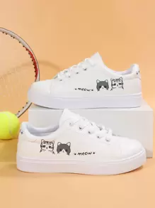 秋冬女款可爱猫头鹰图案装饰休闲运动鞋，白色系带滑板鞋，适合所有季节