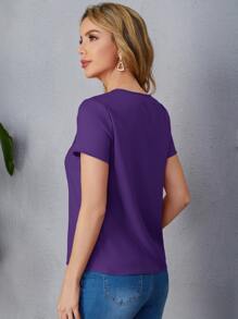 SHEIN LUNE Áo sơ mi nữ Xếp li màu trơn Giải trí - Màu tím  Violet - Xem 3