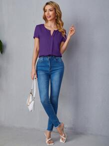 SHEIN LUNE Áo sơ mi nữ Xếp li màu trơn Giải trí - Màu tím  Violet - Xem 5