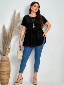 EMERY ROSE Plus Solid Ruffle Hem Peplum Tee - Black - View 5