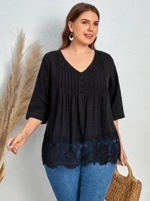 EMERY ROSE Blusa de lunares con encaje en contraste con fruncido - Negro - Ver 1