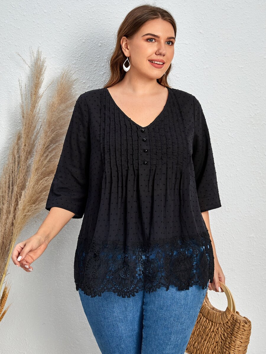 EMERY ROSE Blusa de lunares con encaje en contraste con fruncido - Negro - Ver 1