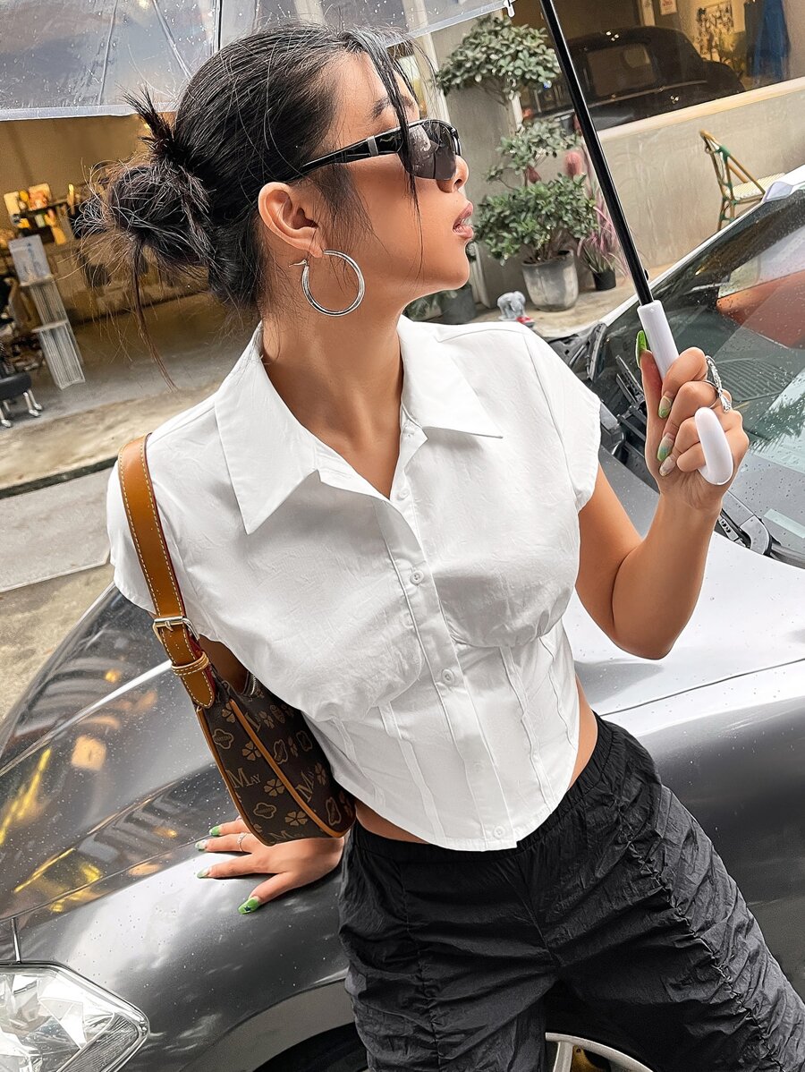 SHEIN ICON 素色前紐扣襯衫 - 白色 - 查看 1