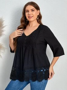 EMERY ROSE Blusa de lunares con encaje en contraste con fruncido - Negro - Ver 3